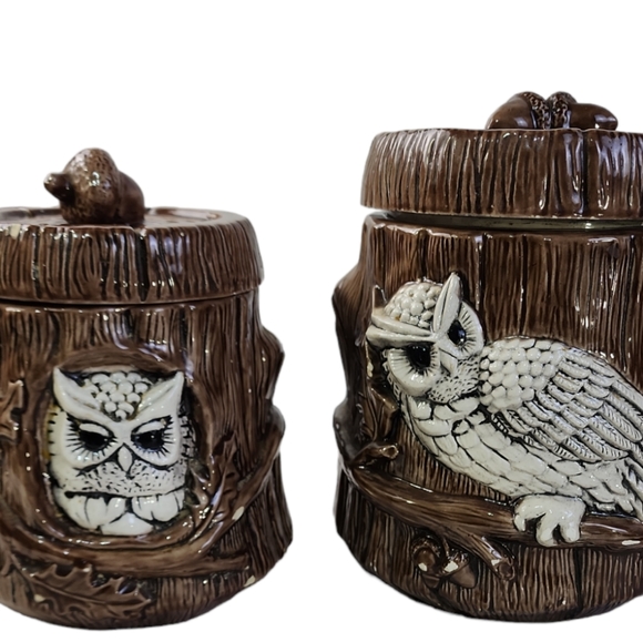 Vintage 1980 Owl Canister Set 2pc Double Sided With Acorn Pull Lids - Picture 8 of 11